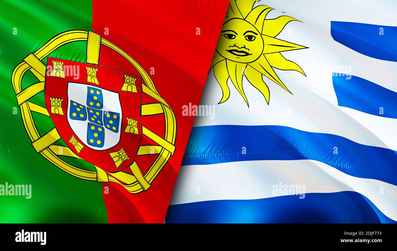 Bandiere del Portogallo e dell'Uruguay. Progettazione di bandiere ondulate 3D. Portogallo Uruguay bandiera, foto, sfondo. Immagine Portogallo vs Uruguay,rendering 3D. Portogallo Uruguay Foto Stock