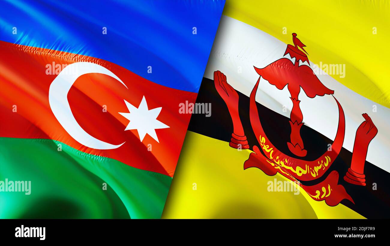 Bandiere dell'Azerbaigian e del Brunei. Progettazione di bandiere ondulate 3D. Azerbaigian Brunei bandiera, foto, sfondo. Immagine Azerbaigian vs Brunei,rendering 3D. Azerbaigian Fr Foto Stock