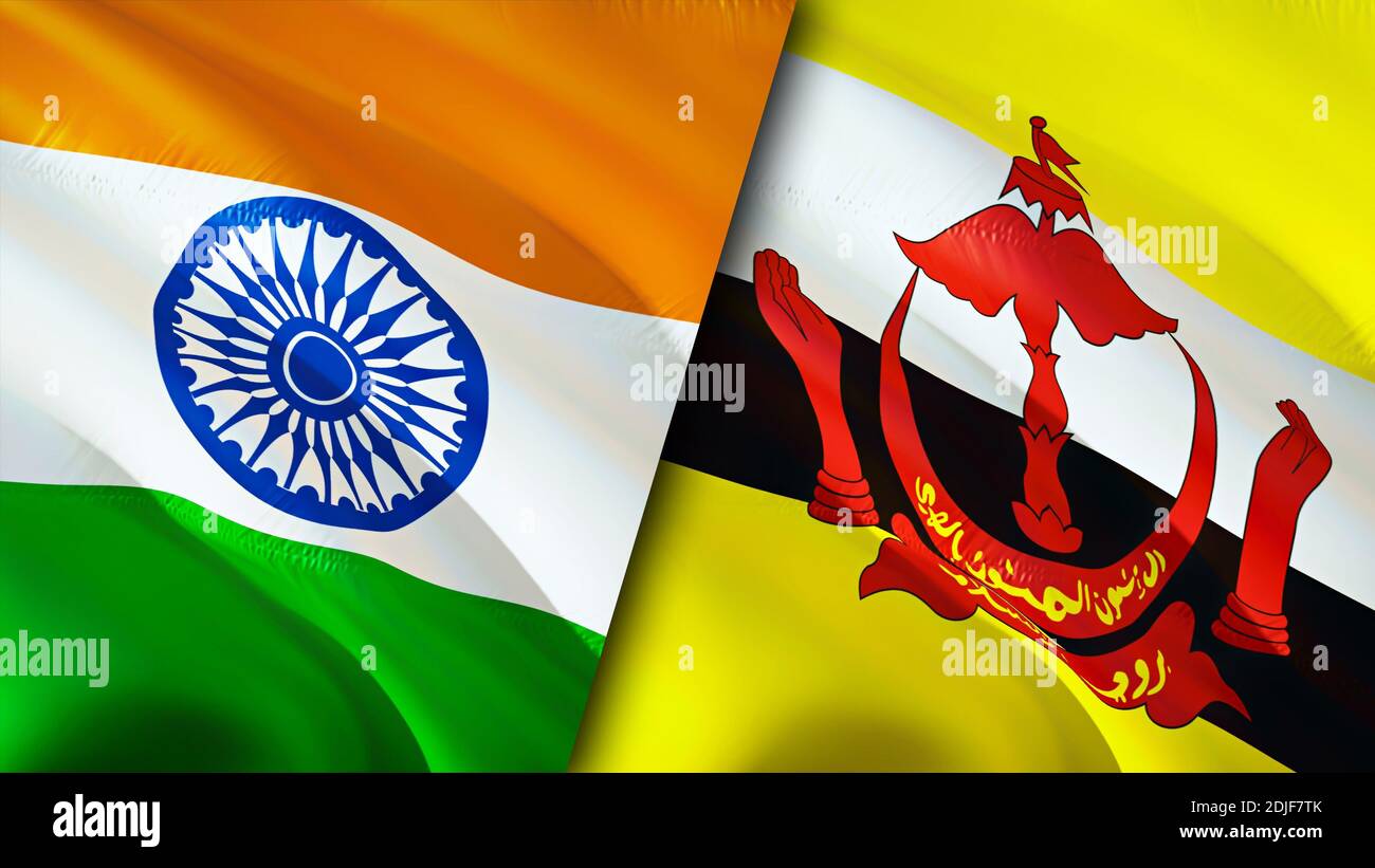 Bandiere dell'India e del Brunei. Progettazione di bandiere ondulate 3D. India Brunei bandiera, foto, sfondo. Immagine India vs Brunei, rendering 3D. India Brunei relazioni allia Foto Stock