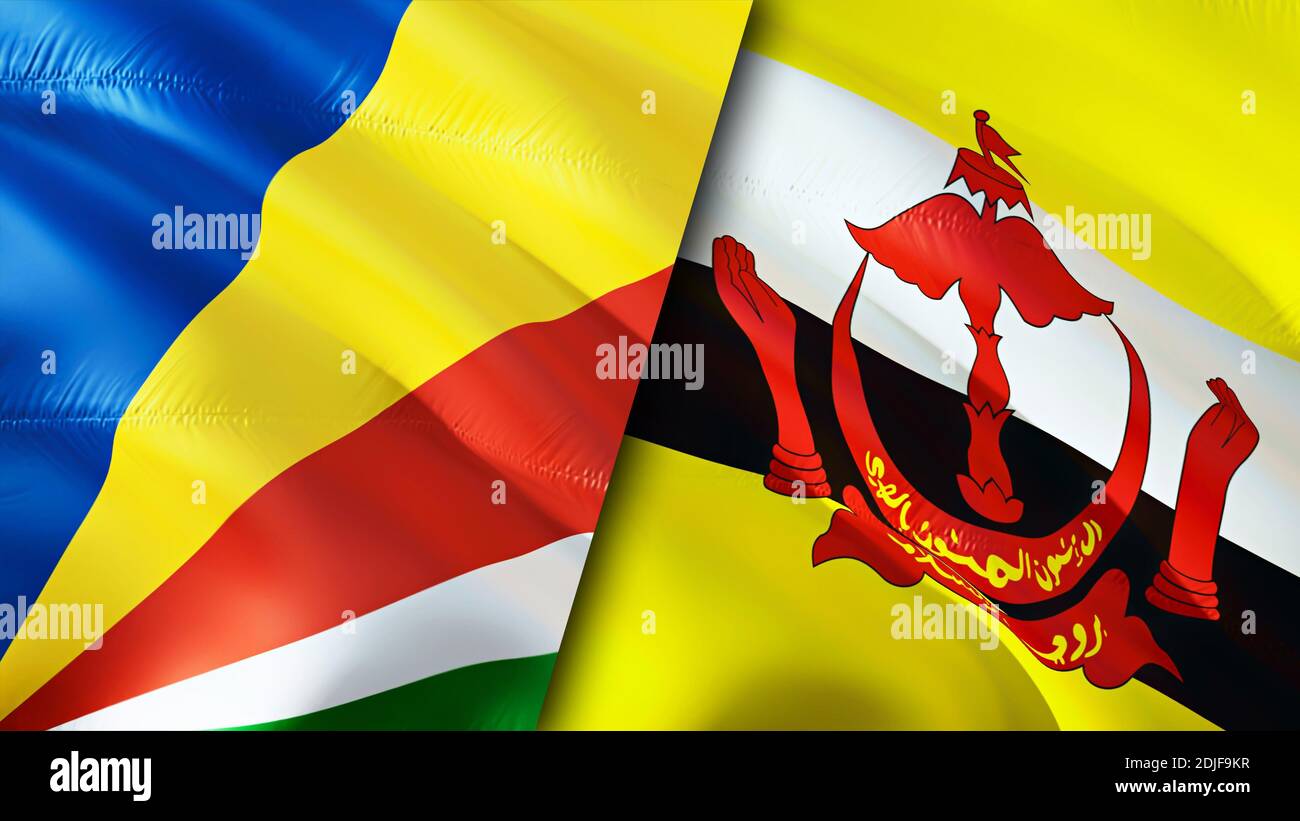 Bandiere delle Seychelles e del Brunei. Progettazione di bandiere ondulate 3D. Seychelles Brunei bandiera, foto, sfondo. Seychelles vs Brunei immagine,3D rendering. Seychelles Fr Foto Stock