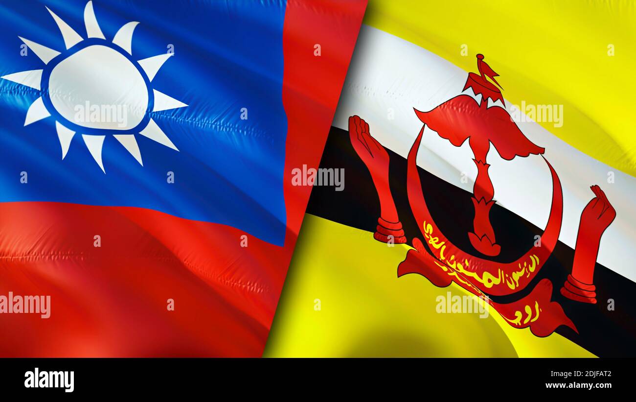 Bandiere di Taiwan e Brunei. Progettazione di bandiere ondulate 3D. Taiwan Brunei bandiera, foto, sfondo. Immagine Taiwan vs Brunei, rendering 3D. Taiwan Brunei relazioni a Foto Stock
