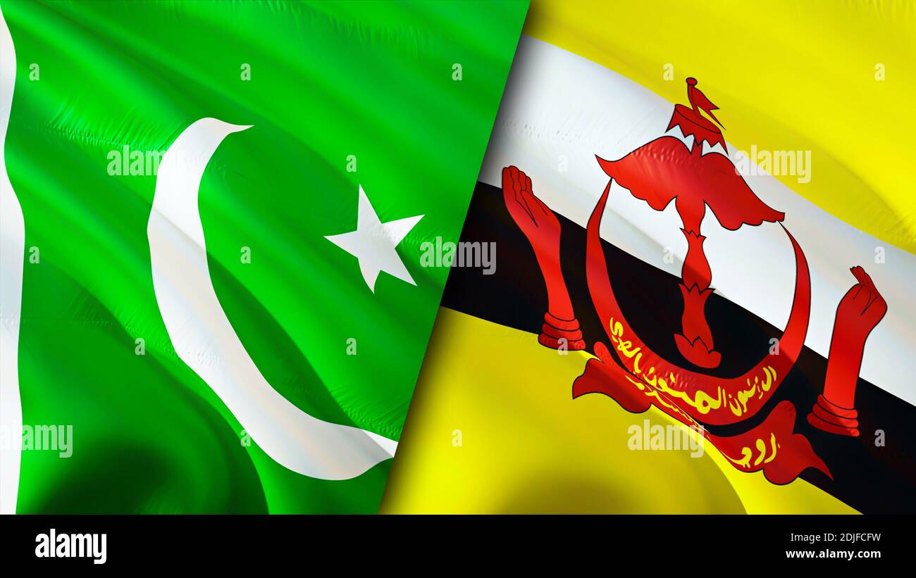 Bandiere del Pakistan e del Brunei. Progettazione di bandiere ondulate 3D. Pakistan Brunei bandiera, foto, sfondo. Immagine Pakistan vs Brunei, rendering 3D. Pakistan Brunei rel Foto Stock