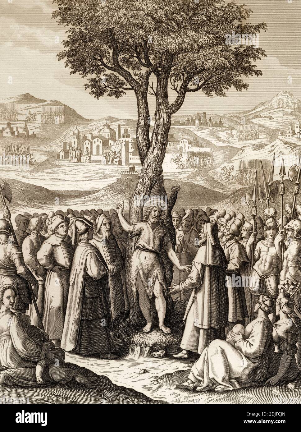 Giovanni Battista racconta la gente di Gesù al Giordano, incisione in acciaio 1853, restaurata digitalmente Foto Stock