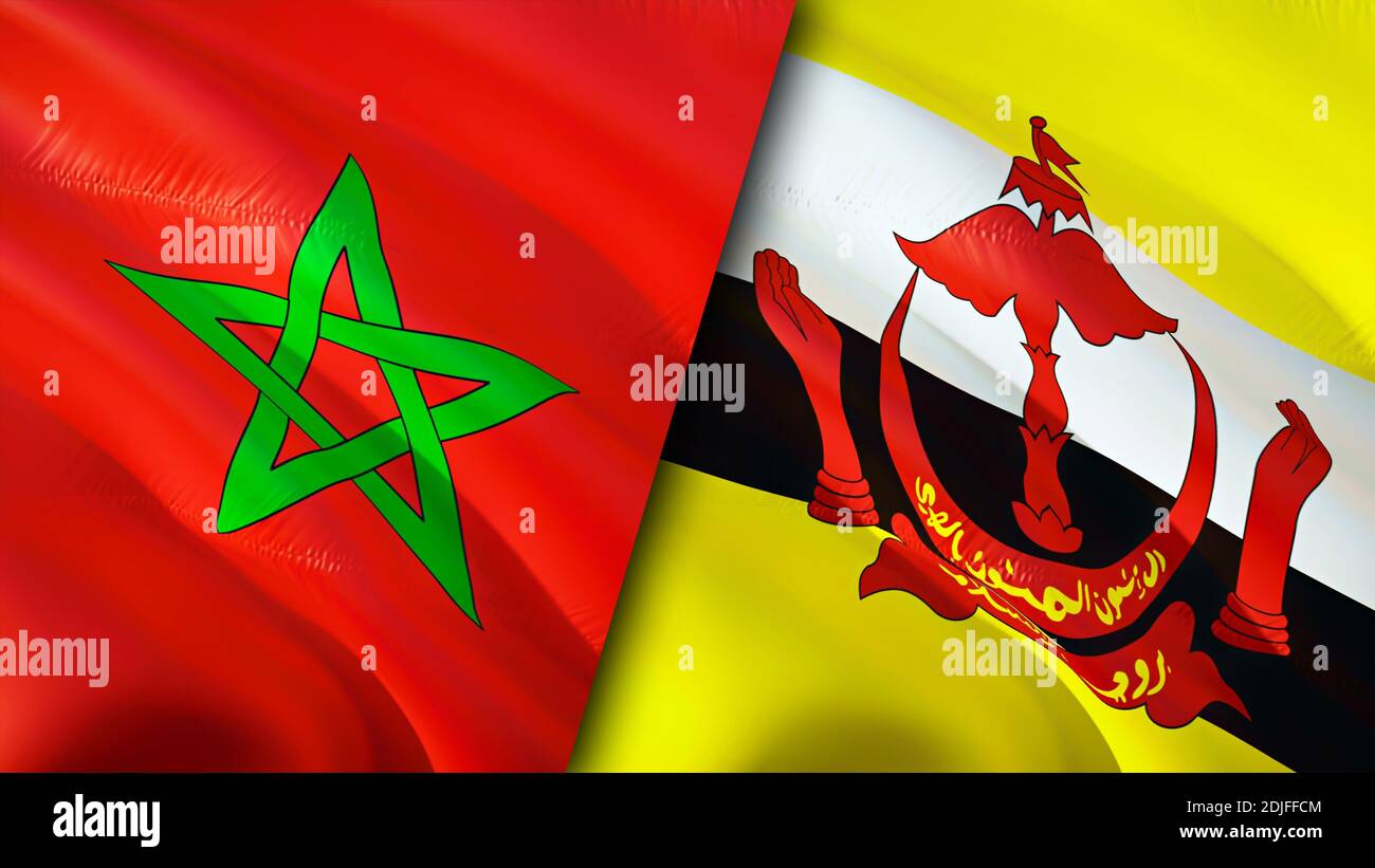 Bandiere del Marocco e del Brunei. Progettazione di bandiere ondulate 3D. Marocco Brunei bandiera, foto, sfondo. Immagine Marocco vs Brunei,rendering 3D. Marocco Brunei relatio Foto Stock