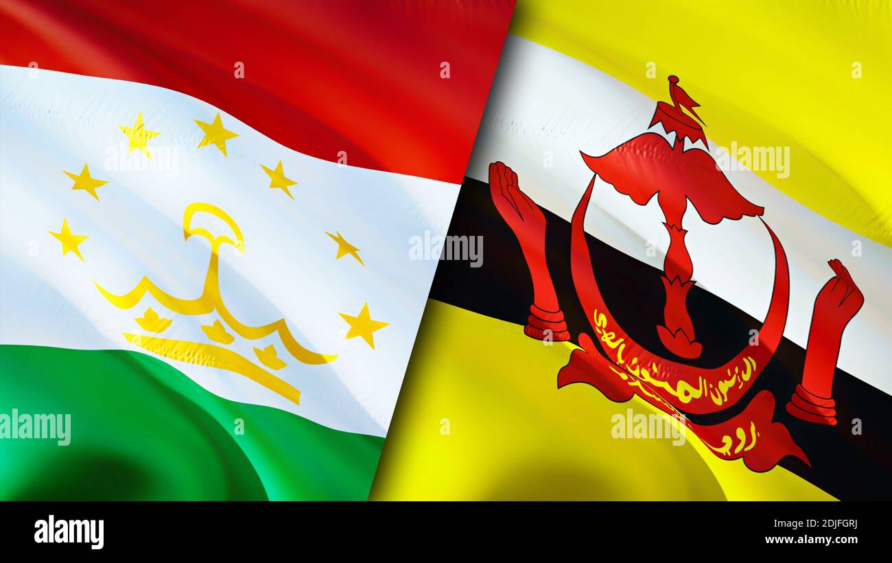 Bandiere del Tagikistan e del Brunei. Progettazione di bandiere ondulate 3D. Tagikistan Brunei bandiera, foto, sfondo. Immagine Tagikistan vs Brunei, rendering 3D. Tagikistan Fr Foto Stock