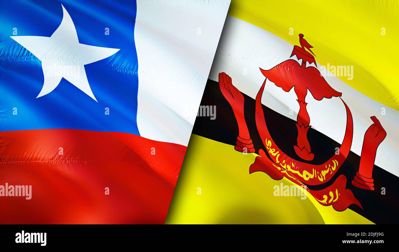 Bandiere del Cile e del Brunei. Progettazione di bandiere ondulate 3D. Cile Brunei bandiera, foto, sfondo. Immagine Cile vs Brunei,rendering 3D. Cile Brunei relazioni allia Foto Stock