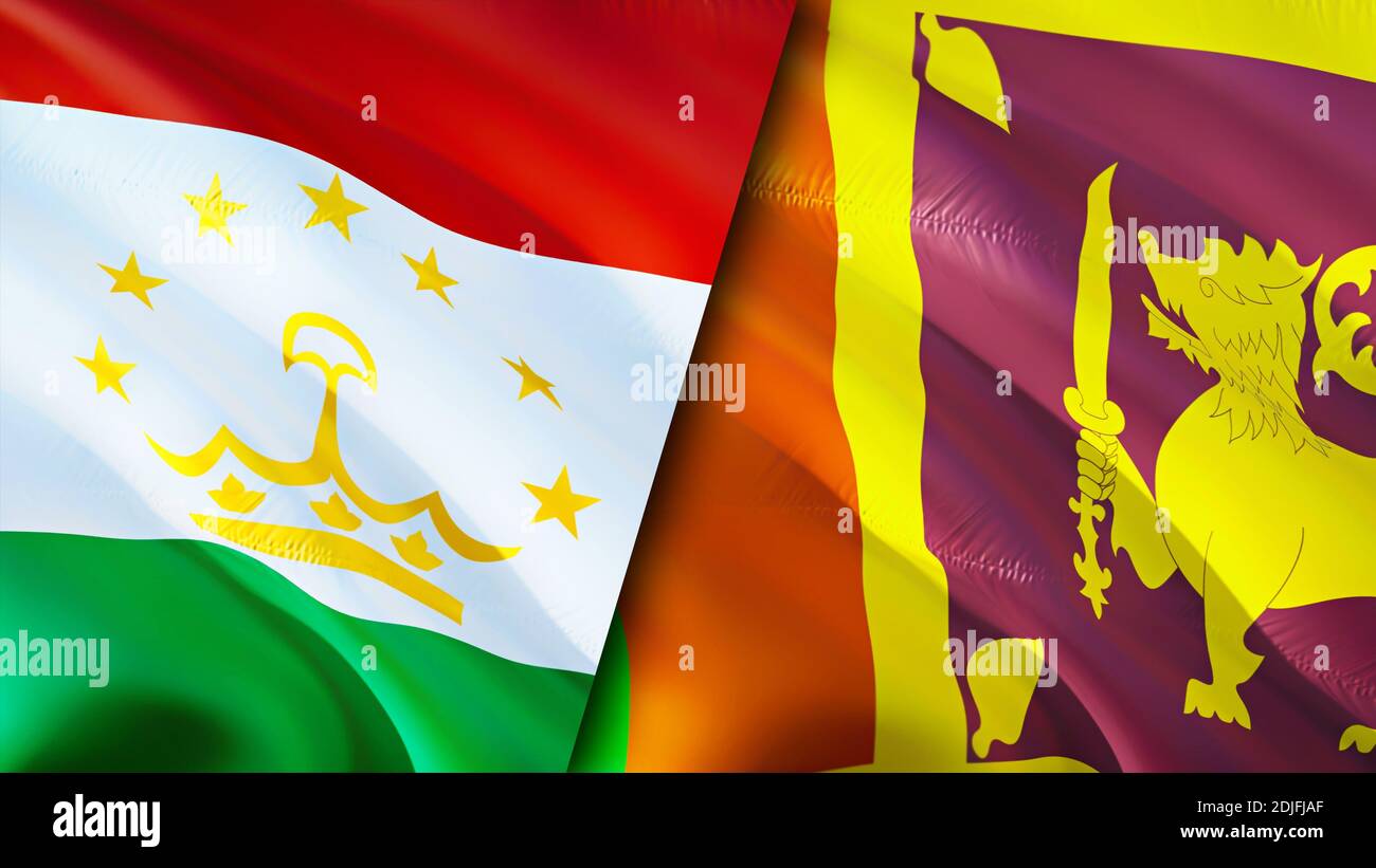Bandiere del Tagikistan e dello Sri Lanka. Progettazione di bandiere ondulate 3D. Tagikistan Sri Lanka bandiera, foto, sfondo. Immagine Tagikistan vs Sri Lanka, rendering 3D. Taji Foto Stock