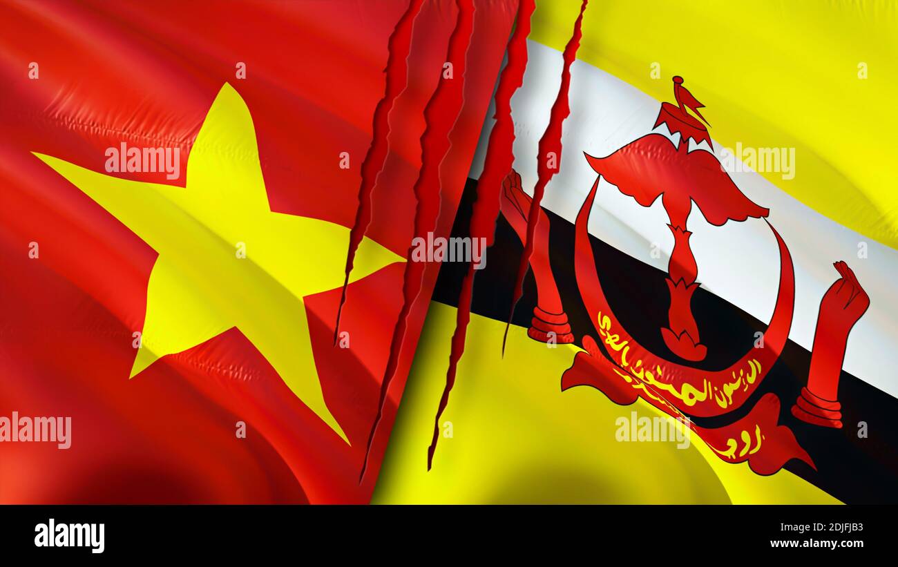 Bandiere del Vietnam e del Brunei. Progettazione di bandiere ondulate 3D. Vietnam Brunei bandiera, foto, sfondo. Immagine Vietnam vs Brunei, rendering 3D. Vietnam Brunei relatio Foto Stock