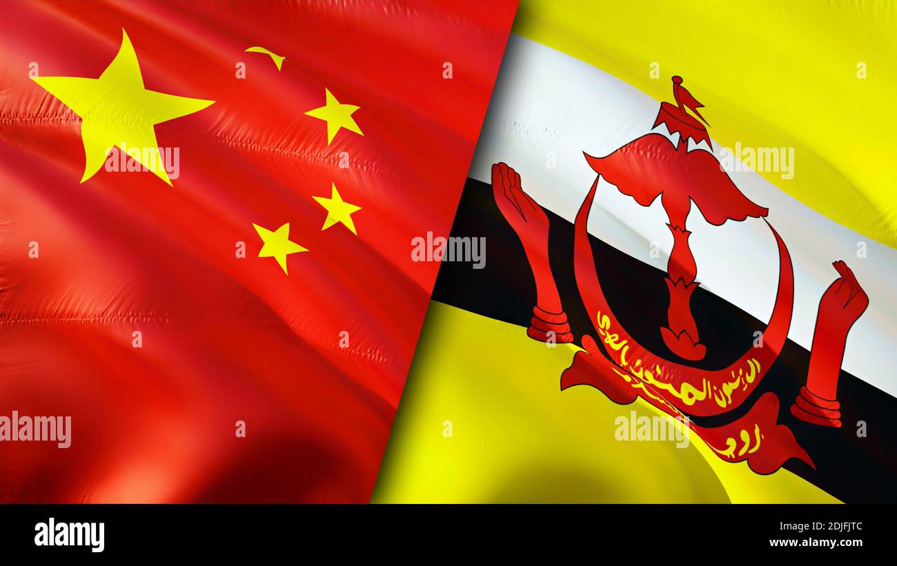 Bandiere della Cina e del Brunei. Progettazione di bandiere ondulate 3D. China Brunei bandiera, foto, sfondo. Immagine Cina vs Brunei,rendering 3D. Cina Brunei relazioni allia Foto Stock
