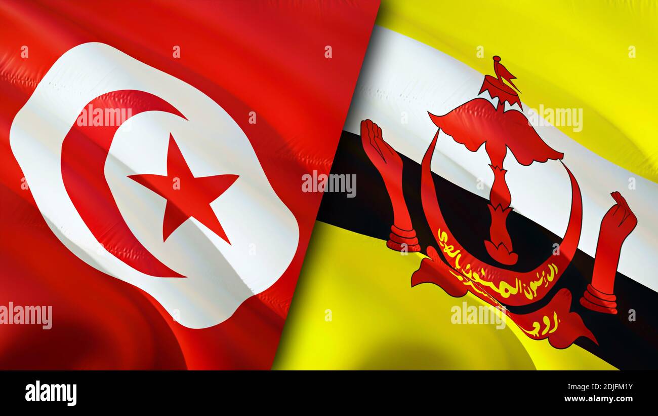 Bandiere Tunisia e Brunei. Progettazione di bandiere ondulate 3D. Tunisia Brunei bandiera, foto, sfondo. Immagine Tunisia vs Brunei,rendering 3D. Tunisia Brunei relatio Foto Stock