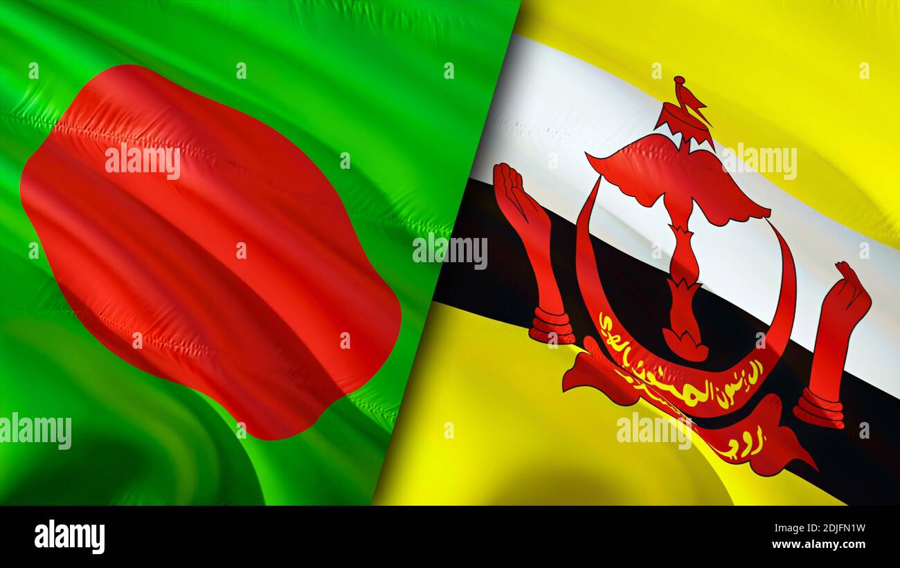 Bandiere del Bangladesh e del Brunei. Progettazione di bandiere ondulate 3D. Bangladesh Brunei bandiera, foto, sfondo. Immagine Bangladesh vs Brunei,rendering 3D. Bangladesh Fr Foto Stock