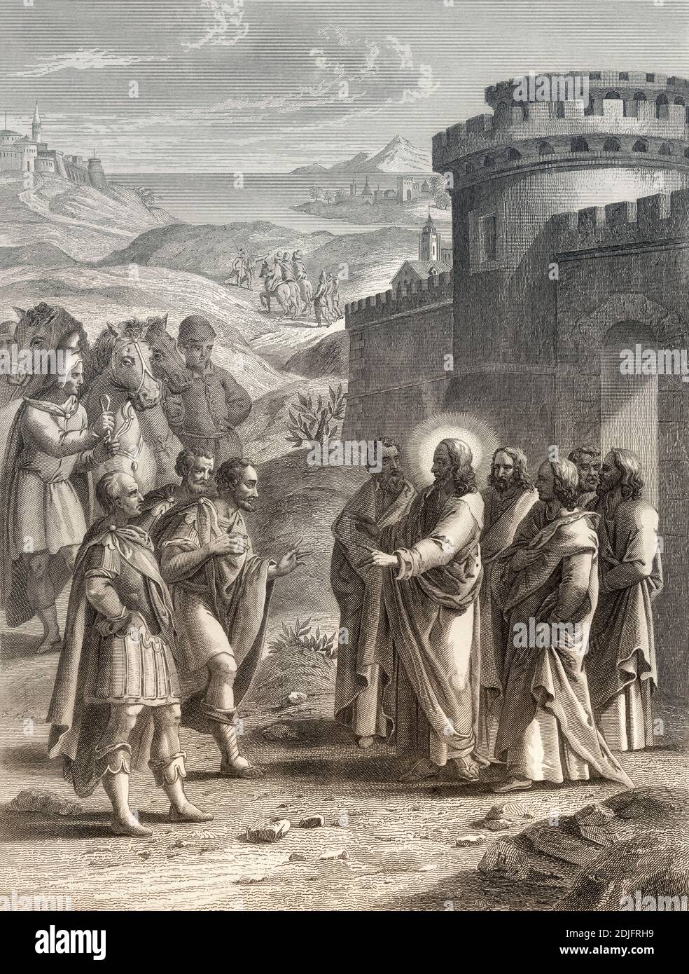 Guarire il figlio del funzionario reale, miracolo di Gesù, nuovo Testamento, incisione in acciaio 1853, restaurata digitalmente Foto Stock
