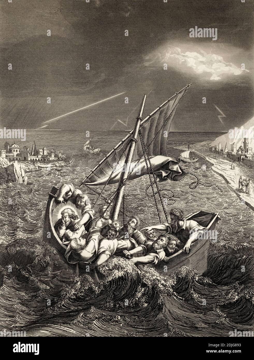 Gesù dorme in barca durante la tempesta, nuovo Testamento, incisione in acciaio 1853, restaurata digitalmente Foto Stock