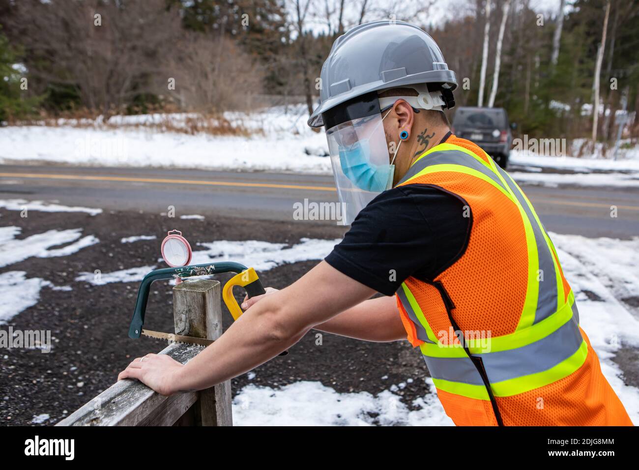 Vista laterale di un uomo che indossa casco, giacca fluo visibility, maschera facciale covid e visiera in plastica, tagliando l'estremità di una recinzione con una sega a mano. Foto Stock