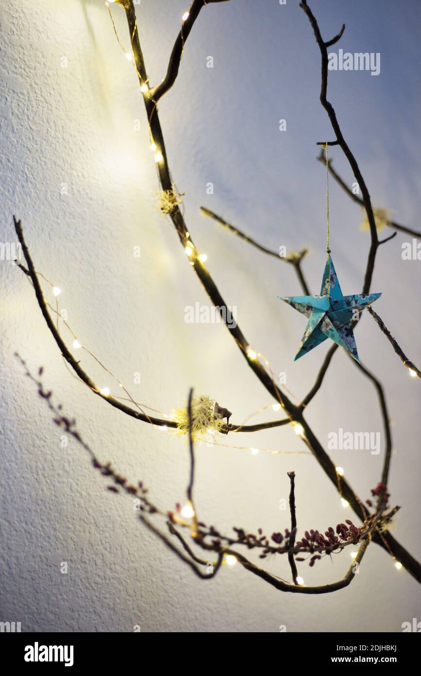 Un albero di Natale alternativo fatto da un ramo coperto di muschio trovato. Foto Stock