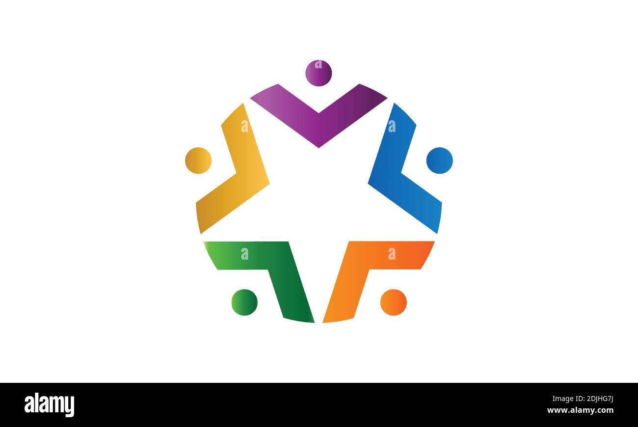 Modello vettoriale di progettazione del logo Social STAR. Cinque uomini che tengono le mani Teamwork. Logotipo di lavoro del team di amicizia. Logo della squadra cinque persone. Illustrazione Vettoriale