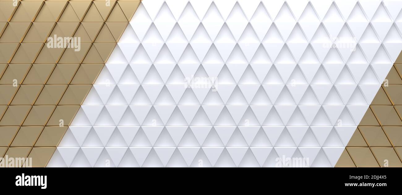 Bianco e oro piastrelle triangolari astratto sfondo. Superficie di triangoli estrusi. rendering 3d. Foto Stock