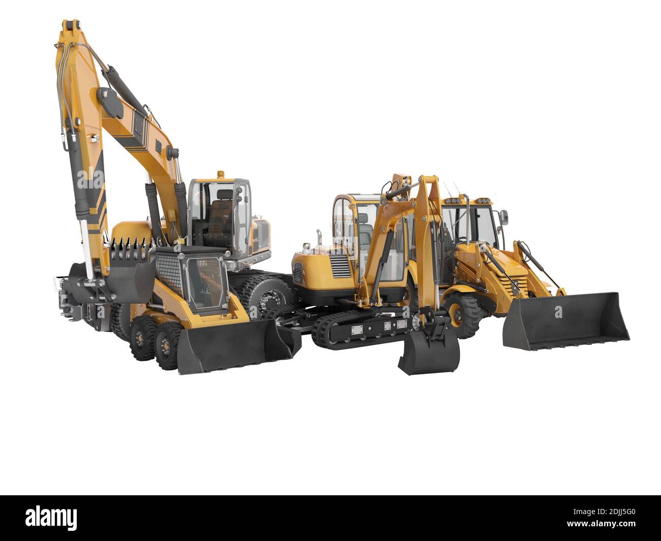 Gruppo concettuale di macchine da costruzione escavatore mini loader  rendering 3D su sfondo bianco nessuna ombra Foto stock - Alamy