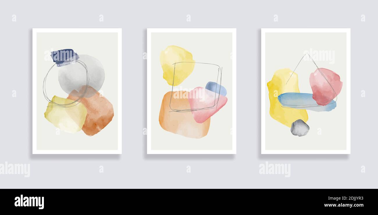 Set trendy di illustrazioni astratte ad acquerello minimaliste dipinte a mano. Composizioni astratte doodles varie forme. Ideale per la decorazione di parete di disegno Illustrazione Vettoriale