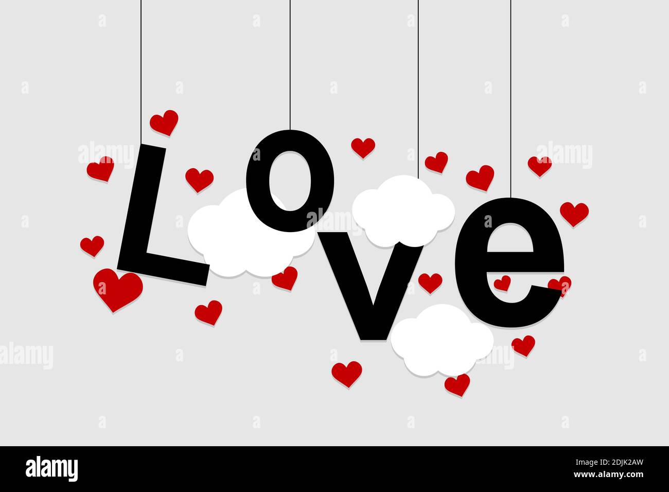 Modello di sfondo amore con grandi lettere appese e cuori volanti con nuvole soffici. Concetto di vacanza di San Valentino Illustrazione Vettoriale