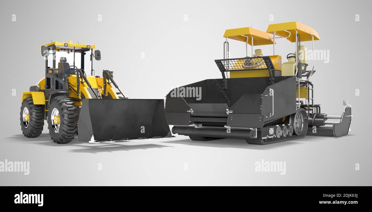 Macchine per la costruzione di strade asfaltatrici cingolate gialle e bulldozer gommati 3d rendering su sfondo grigio con ombra Foto Stock