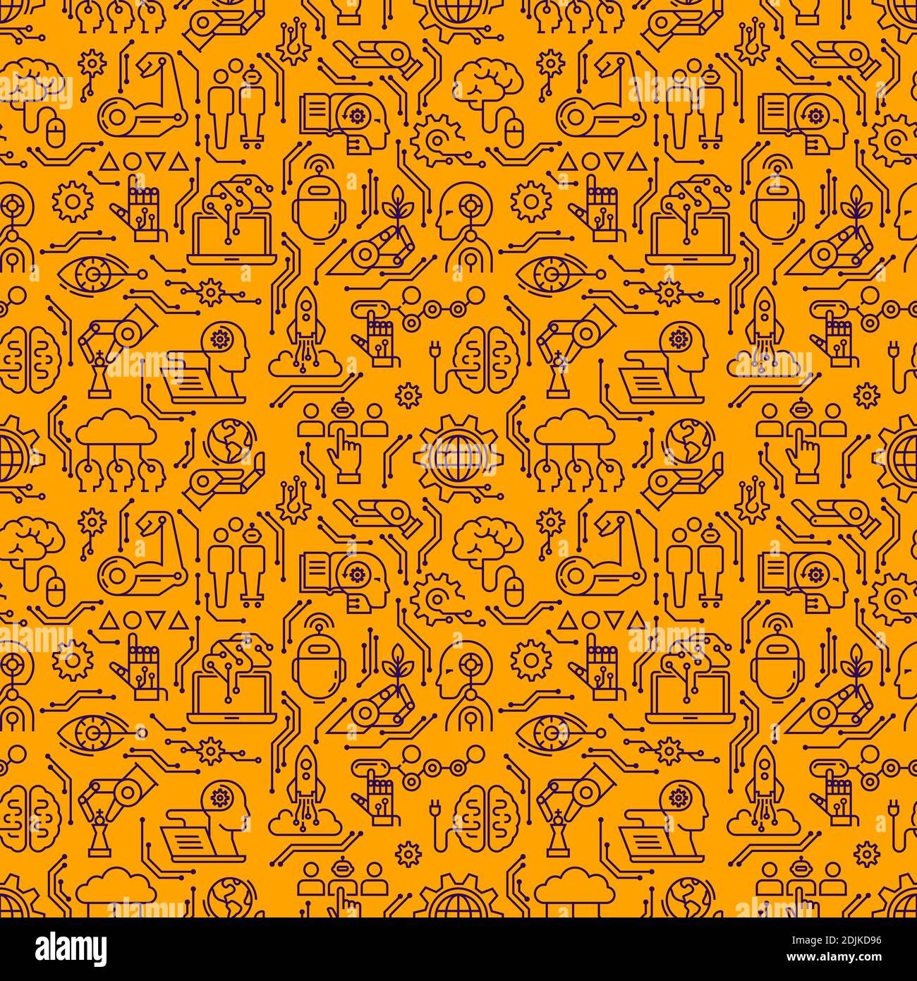 Modello senza cuciture a due colori di tecnologie e dispositivi moderni, robot, bot in stile lineare. EPS 10. Illustrazione Vettoriale