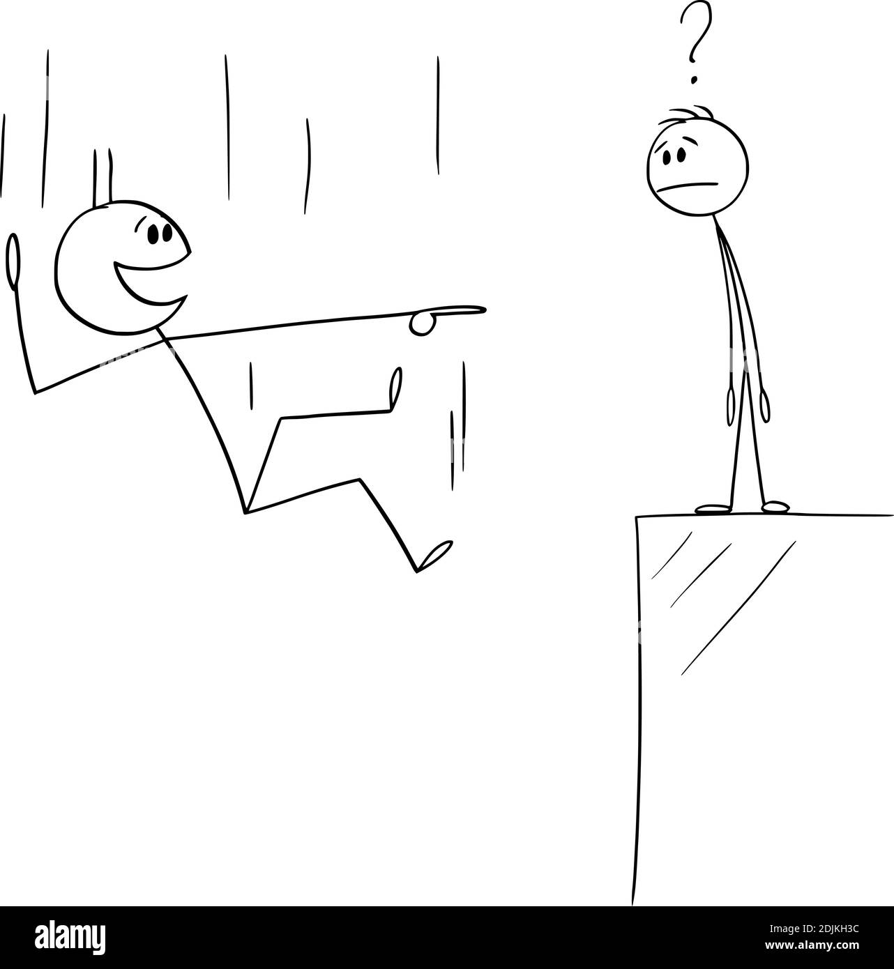 Vettore cartoon figura bastone illustrazione di uomo o uomo d'affari che cade, ma ridendo ad un altro uomo che non cade. Concetto di crisi, problemi, bancarotta, debito o prestito. Illustrazione Vettoriale