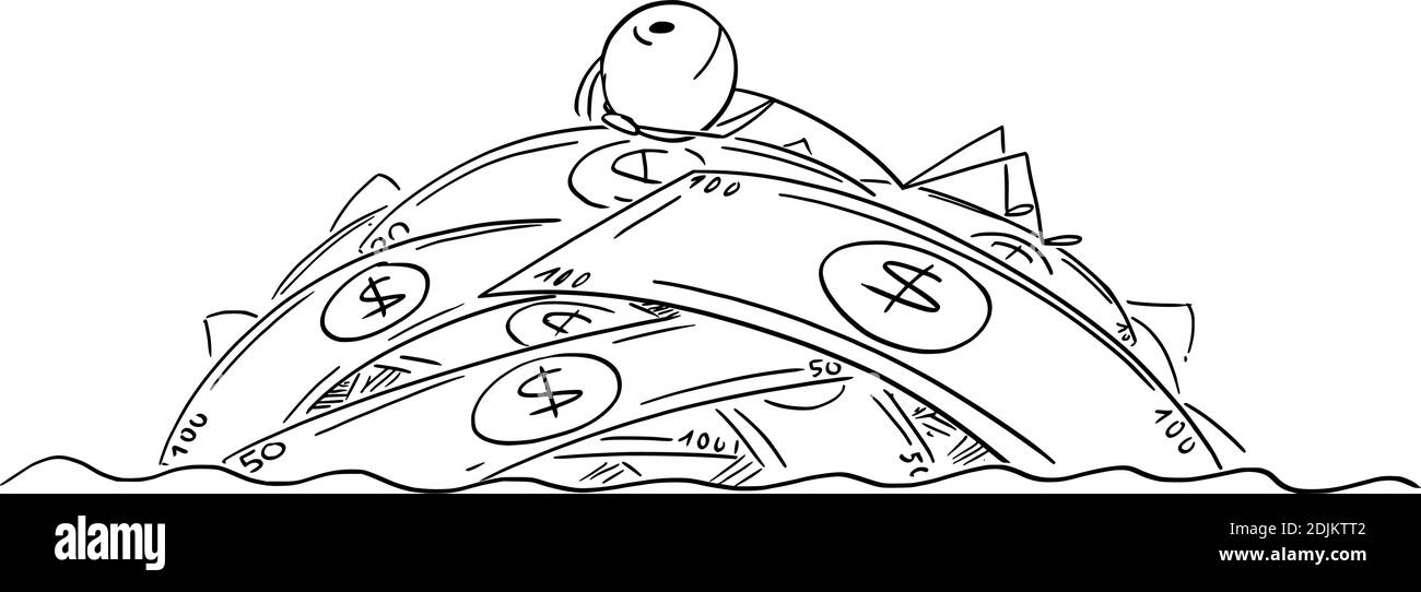 Figura del cartoon vettoriale di figura del bastone di cartone animato di un uomo ricco riuscito o di un uomo d'affari che sogna di mentire sull'isola creata da soldi o banconote. Illustrazione Vettoriale