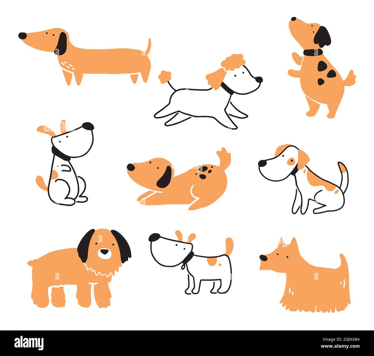 Set di carino cucciolo cane. Raccolta di cani felici e divertenti. Illustrazione del personaggio di un animale di cartone animato. Illustrazione Vettoriale