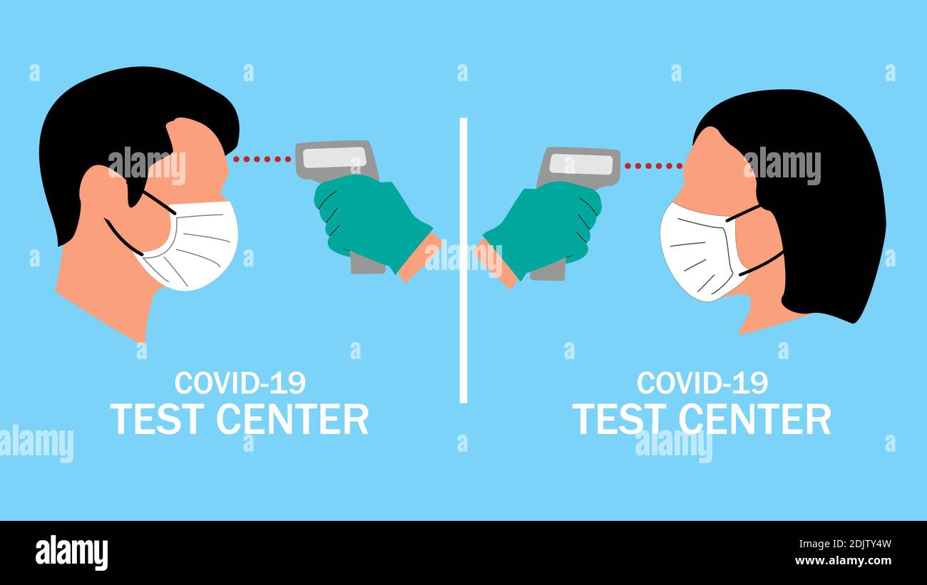 Covid-19 centro di prova temperatura corporea controllare uomo e donna piatto progettare illustrazioni vettoriali modificabili Foto Stock