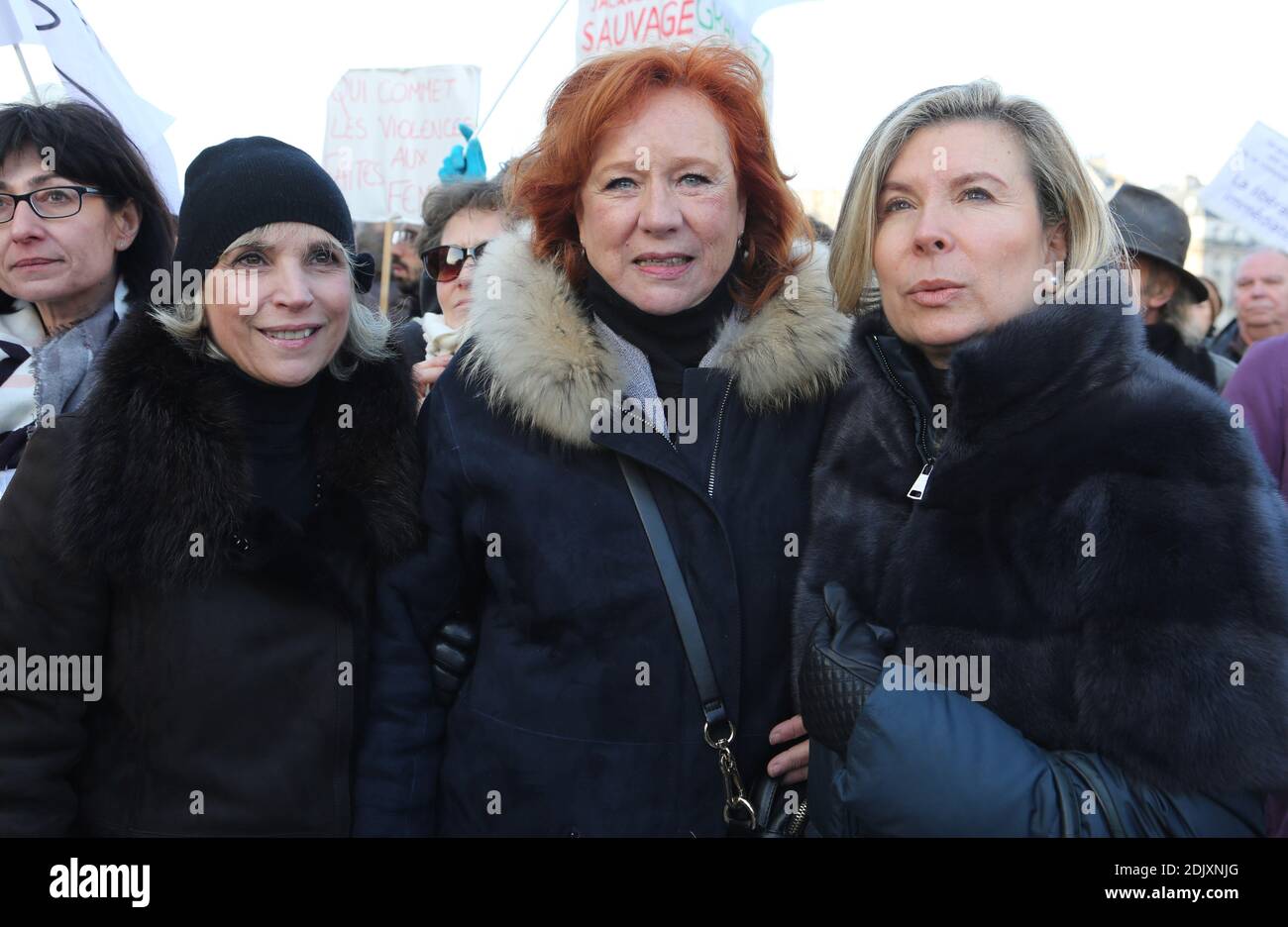 Centinaia di persone si riuniscono, alla presenza dei comici Daniele Evenou, Eva Darlan, Femen, e degli avvocati Janine Bonaggiunta e Nathalie Tomasini, alla Torre Eiffel di Parigi, Francia, il 10 dicembre 2016, chiedendo il rilascio di Jacqueline Sauvage dalla prigione. La Corte d'appello di Parigi ha respinto il 24 novembre 2016 la richiesta di parola per Jacqueline Sauvage, condannata a 10 anni di reclusione per l'omicidio del suo violento marito, nonostante il perdono presidenziale parziale del presidente francese Francois Hollande. Foto di Somer/ABACAPRESS.COM Foto Stock