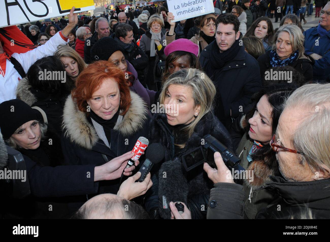 Manifestazione alla presenza dei comici Annie Duperey, Daniele Evenou, Eva Darlan, Inna Shevchenko e Femen, e degli avvocati Janine Bonaggiunta e Nathalie Tomasini, sul Trocadero di fronte alla Torre Eiffel di Parigi, Francia, il 10 dicembre 2016, chiedendo che Jacqueline Sauvage venga liberato dalla prigione. La Corte d'appello di Parigi ha respinto il 24 novembre 2016 la richiesta di parola per Jacqueline Sauvage, condannata a 10 anni di reclusione per l'omicidio del suo violento marito, nonostante il perdono presidenziale parziale del presidente francese Francois Hollande. Foto di Alain Apaydin/ABACAPRES Foto Stock