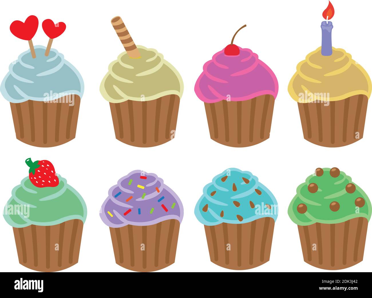 Set di cupcakes colorati in una varietà di sapori con diversi condimenti e torte decorazioni. Illustrazione vettoriale del cartone animato isolata su sfondo bianco Illustrazione Vettoriale