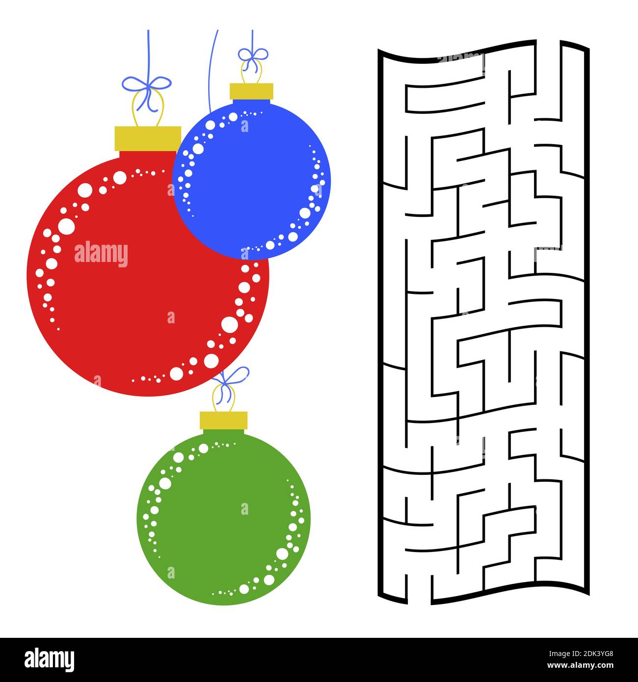 Labirinto rettangolare astratto con un'immagine a colori. Palline di Natale rotonde. Un gioco interessante e utile per i bambini. La semplice illustrazione vettoriale piatta è Illustrazione Vettoriale