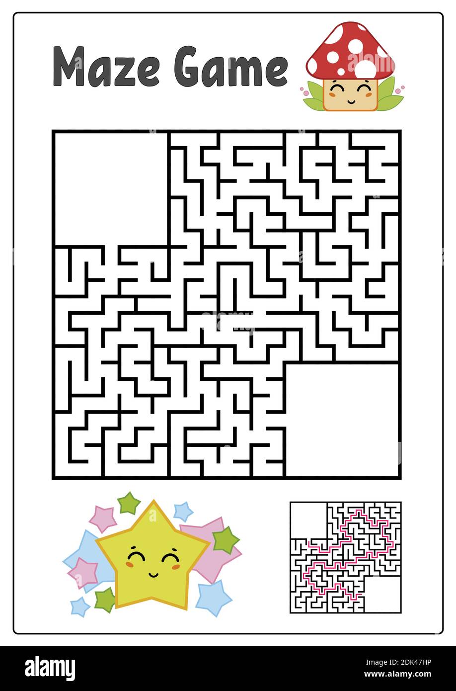 Labirinto quadrato astratto. Fogli di lavoro per bambini. Puzzle di gioco per bambini. Stella divertente e fungo su sfondo bianco. Un ingresso, un'uscita. Labirinto con Illustrazione Vettoriale