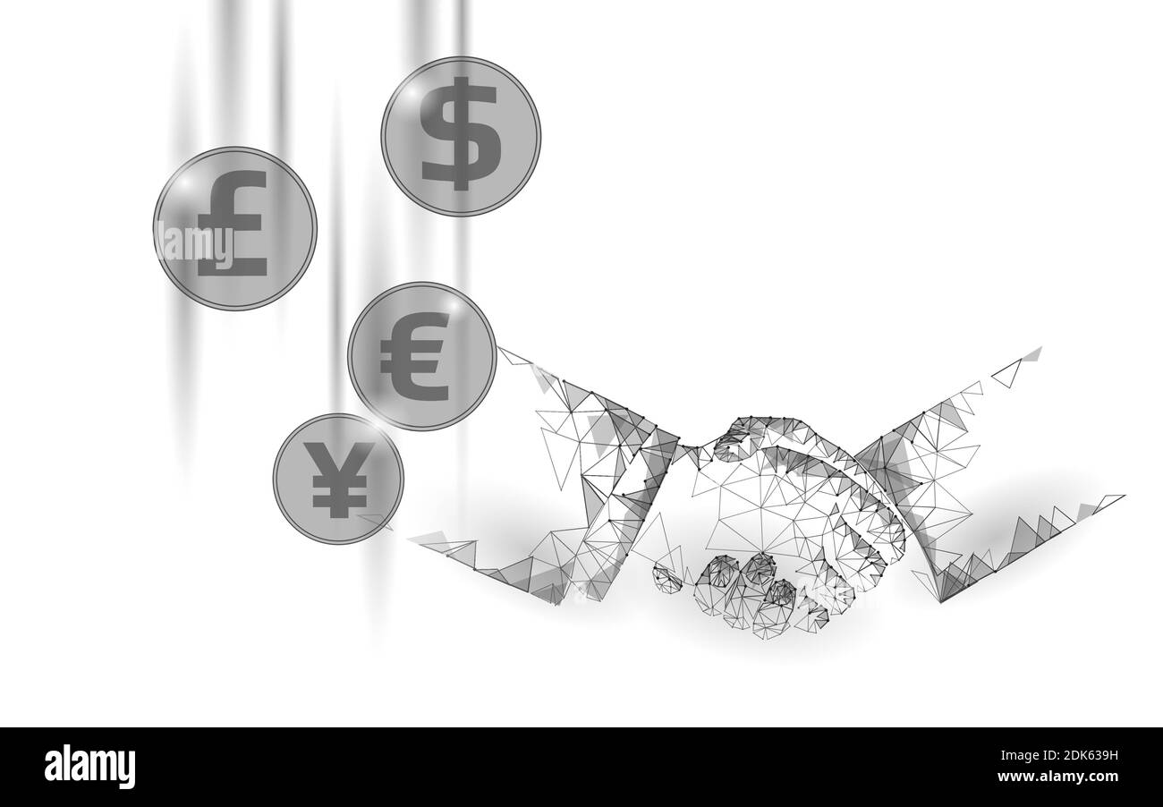 3D businessman handshake finance deal. Concetto di contratto di affari. Banner di successo rete web bassa poly. Internet internazionale poligonale Illustrazione Vettoriale