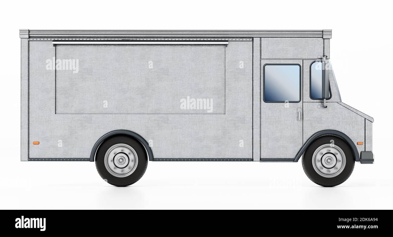 Spedizione vintage, gelato o furgone prodotto caseario isolato su sfondo bianco. Illustrazione 3D. Foto Stock