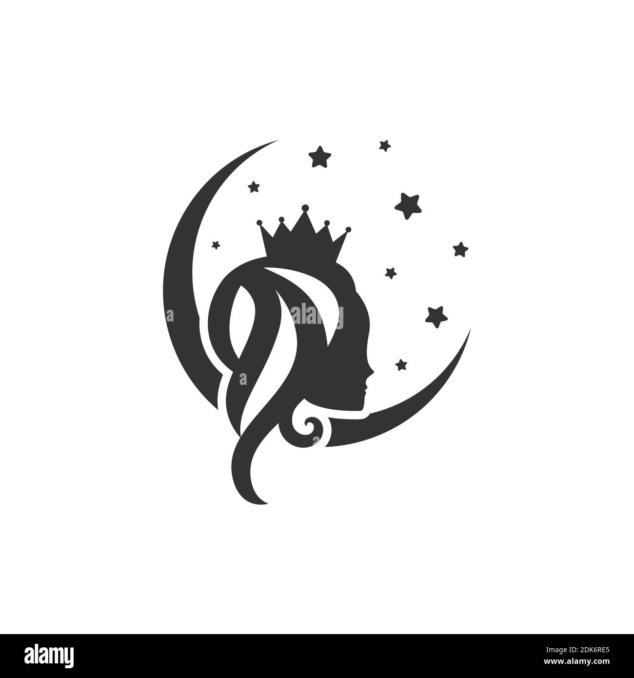 Luna principessa. Bella principessa con corona, stelle e mezzaluna. Silhouette elegante da donna con un'acconciatura elegante. Faccia femmina nel profilo. Magia Illustrazione Vettoriale