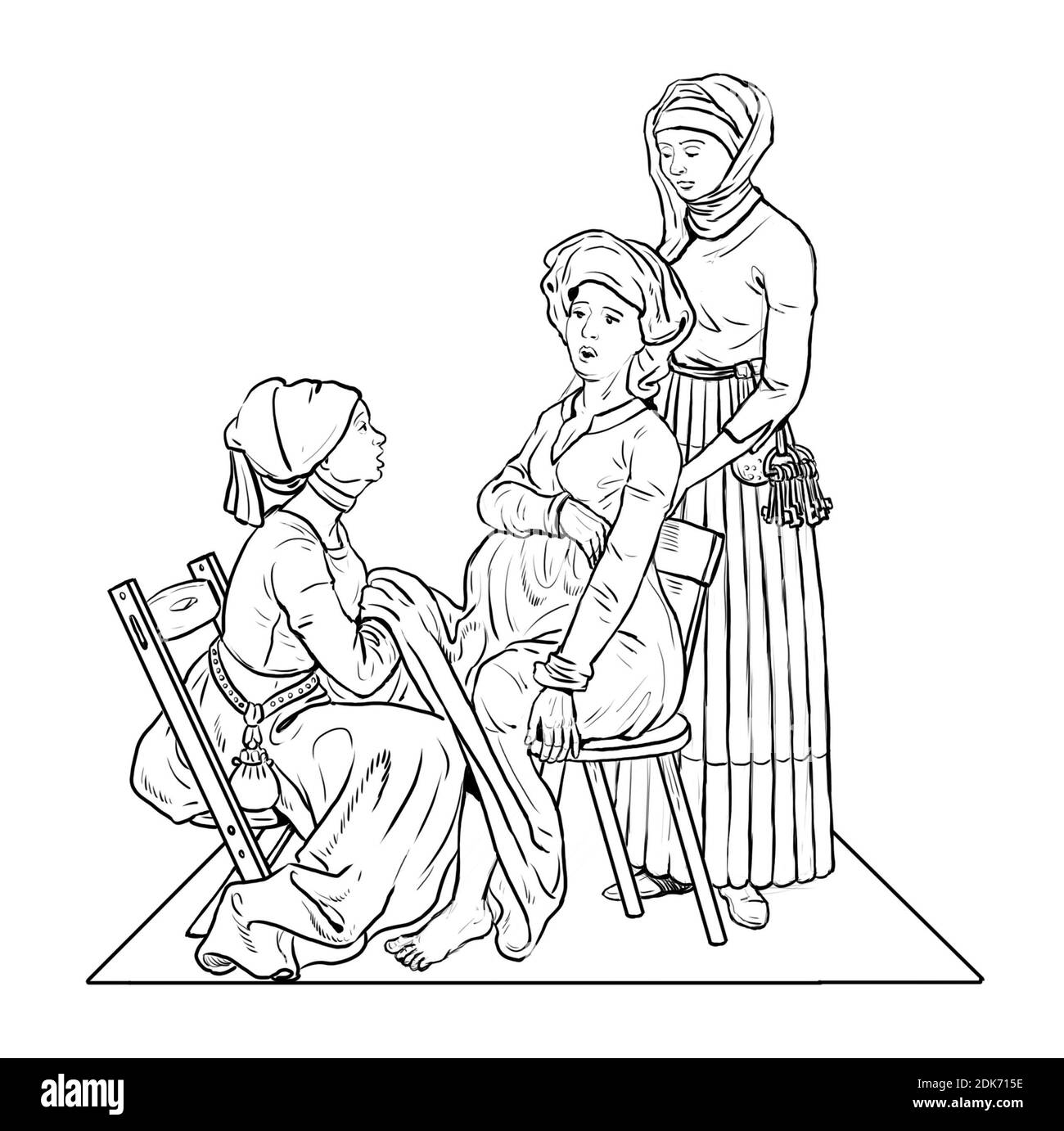 L'ostetrica medievale riceve la nascita di un bambino. Illustrazione storica. Foto Stock