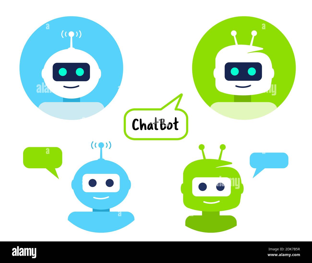 Set di icone del robot. Design del cartello con la scritta "Chat Bot". Simbolo bot chat, modello logo cerchio. Illustrazione vettoriale in stile moderno piatto. Carattere cartoon isolato su w Illustrazione Vettoriale