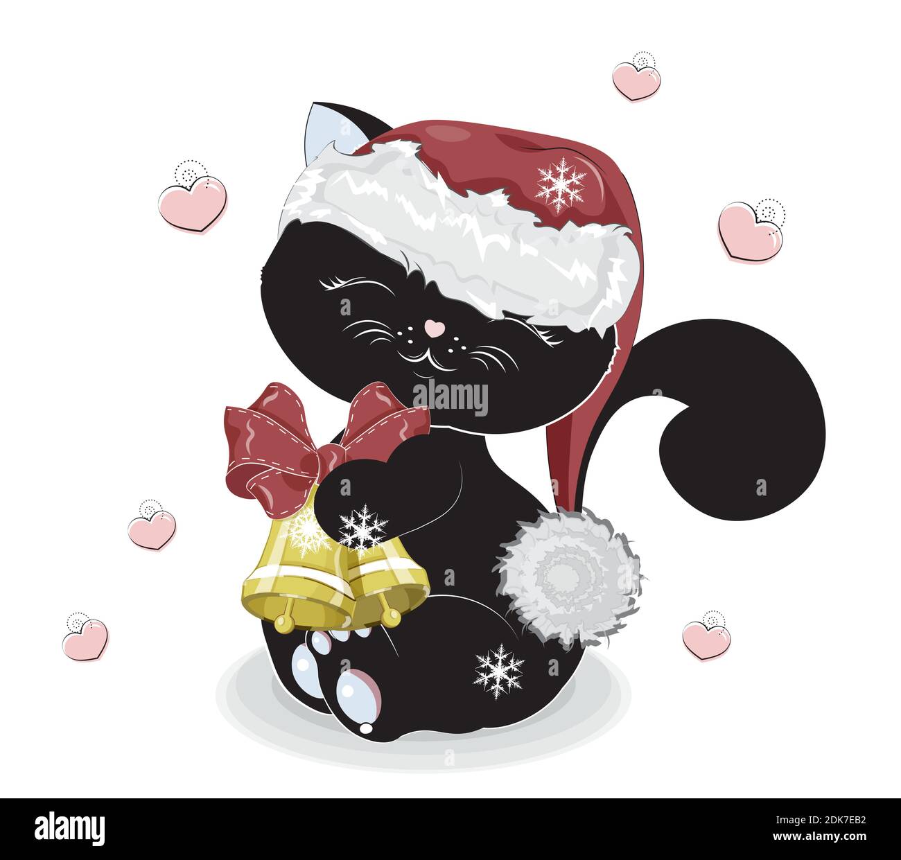 Gatto nero in cappello Santa, gattino con campane, decorato con prua, disegno a mano in stile cartone animato, per t-shirt indossare moda stampa design, saluto Illustrazione Vettoriale