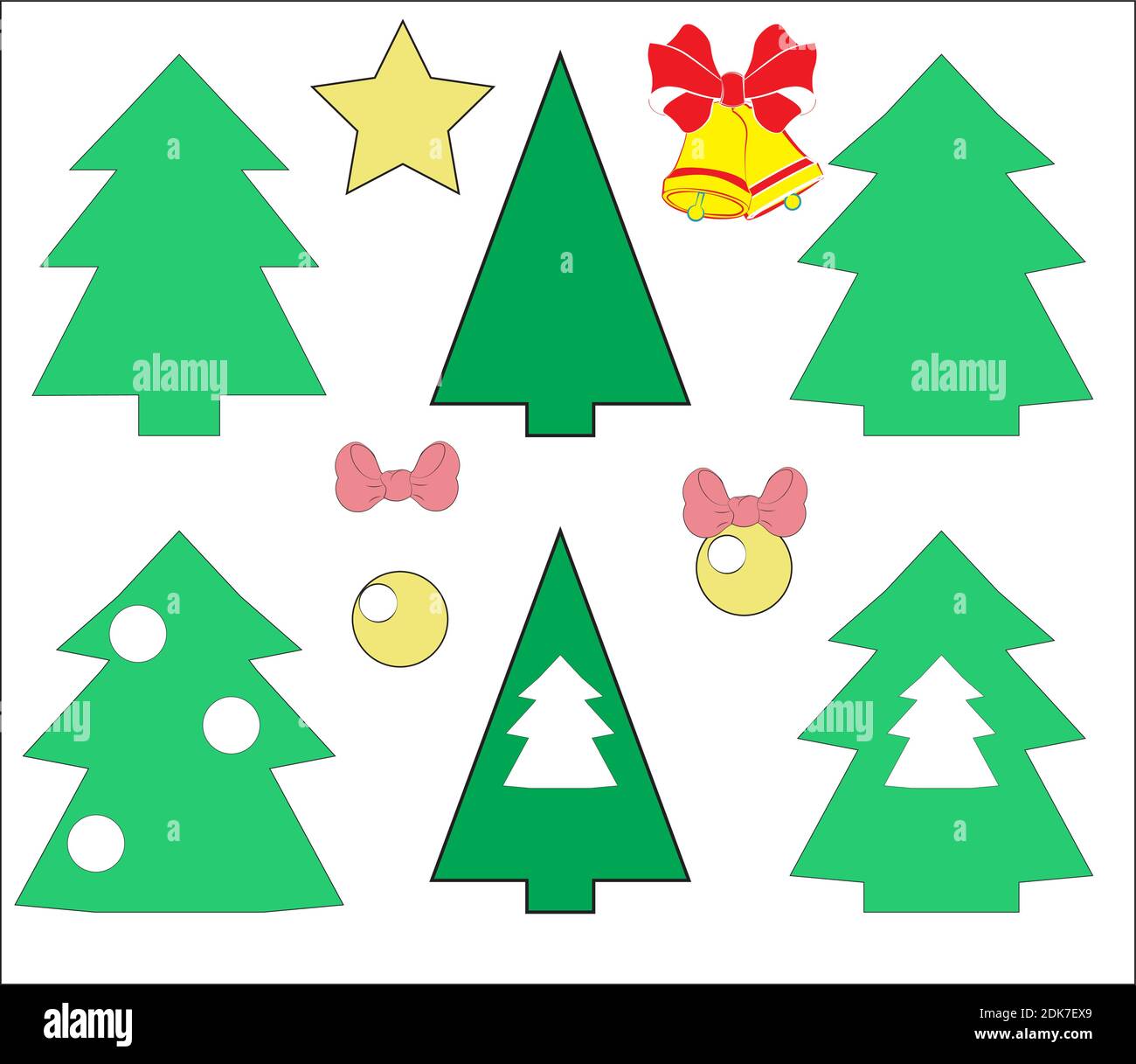 Stencil vettoriale, modelli di alberi di Natale, decorazioni e giocattoli, palle, archi, campane, per torte, appliques, adesivi, biglietto d'auguri fatto a mano Illustrazione Vettoriale