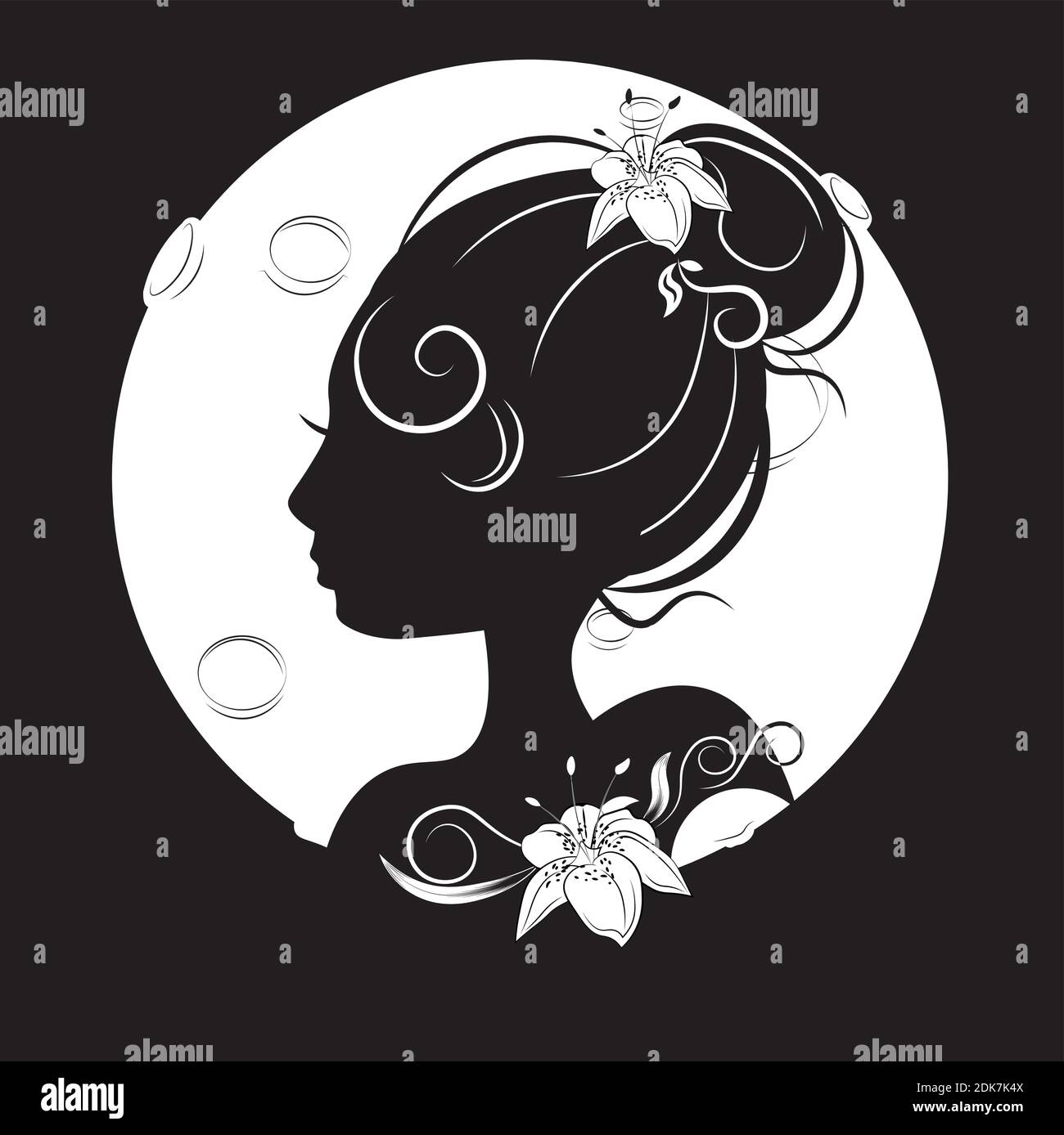 ragazza ritratto silhouette contro di sfondo luna, con elegante acconciatura con fiori, nel cielo notturno, etichetta simbolica per salone, prodotti di bellezza, pro Illustrazione Vettoriale