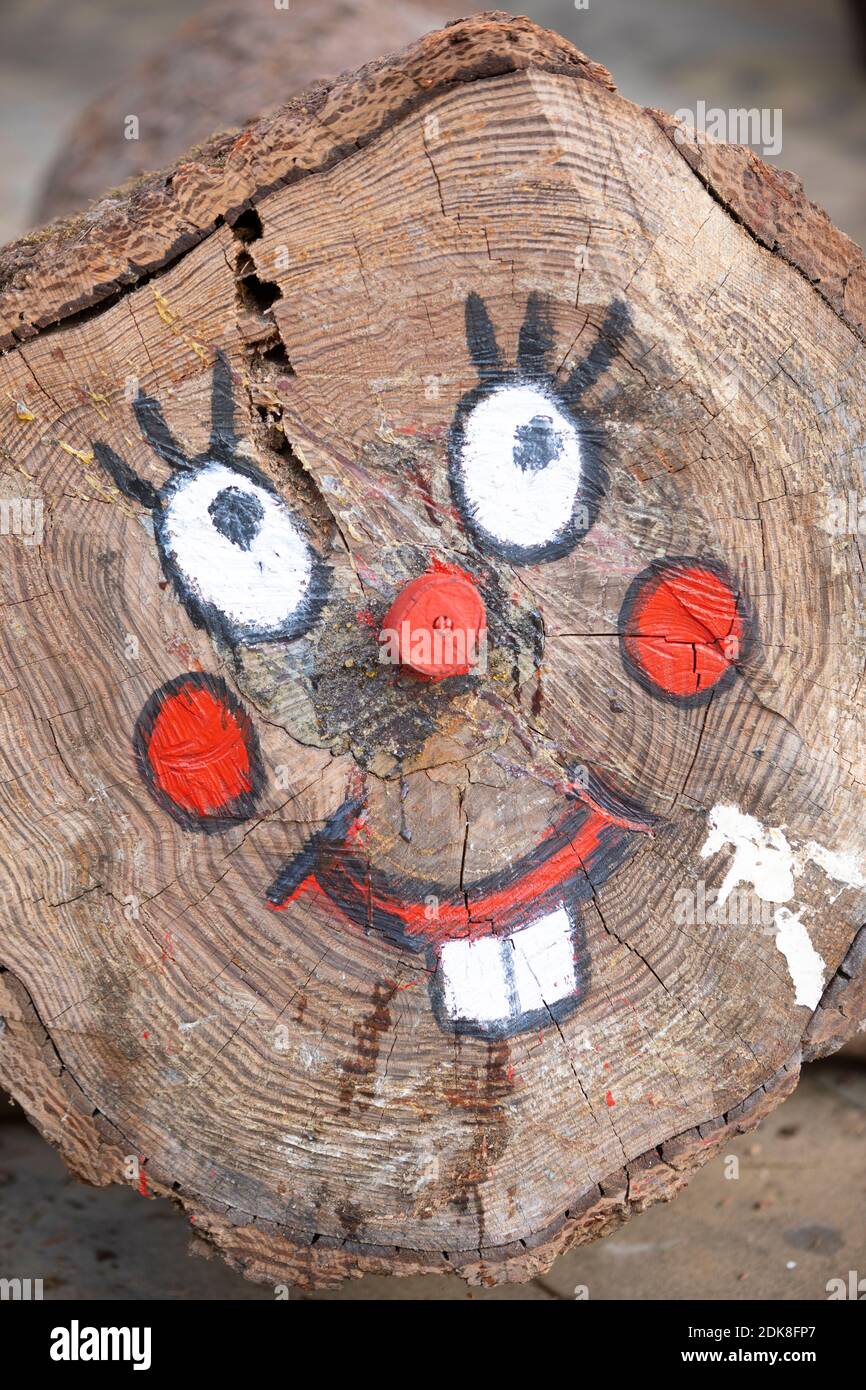 Tió de Nadal. Il log dipinto a mano diventa un personaggio delle tradizioni natalizie catalane Foto Stock