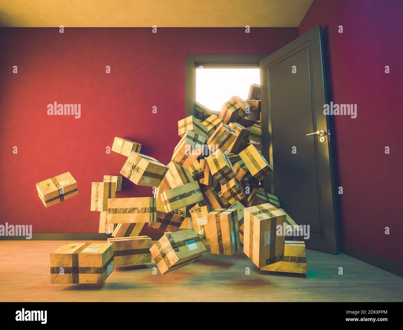 montagna di pacchetti che cadono all'interno di una casa. concetto di shopping online. rendering 3d Foto Stock