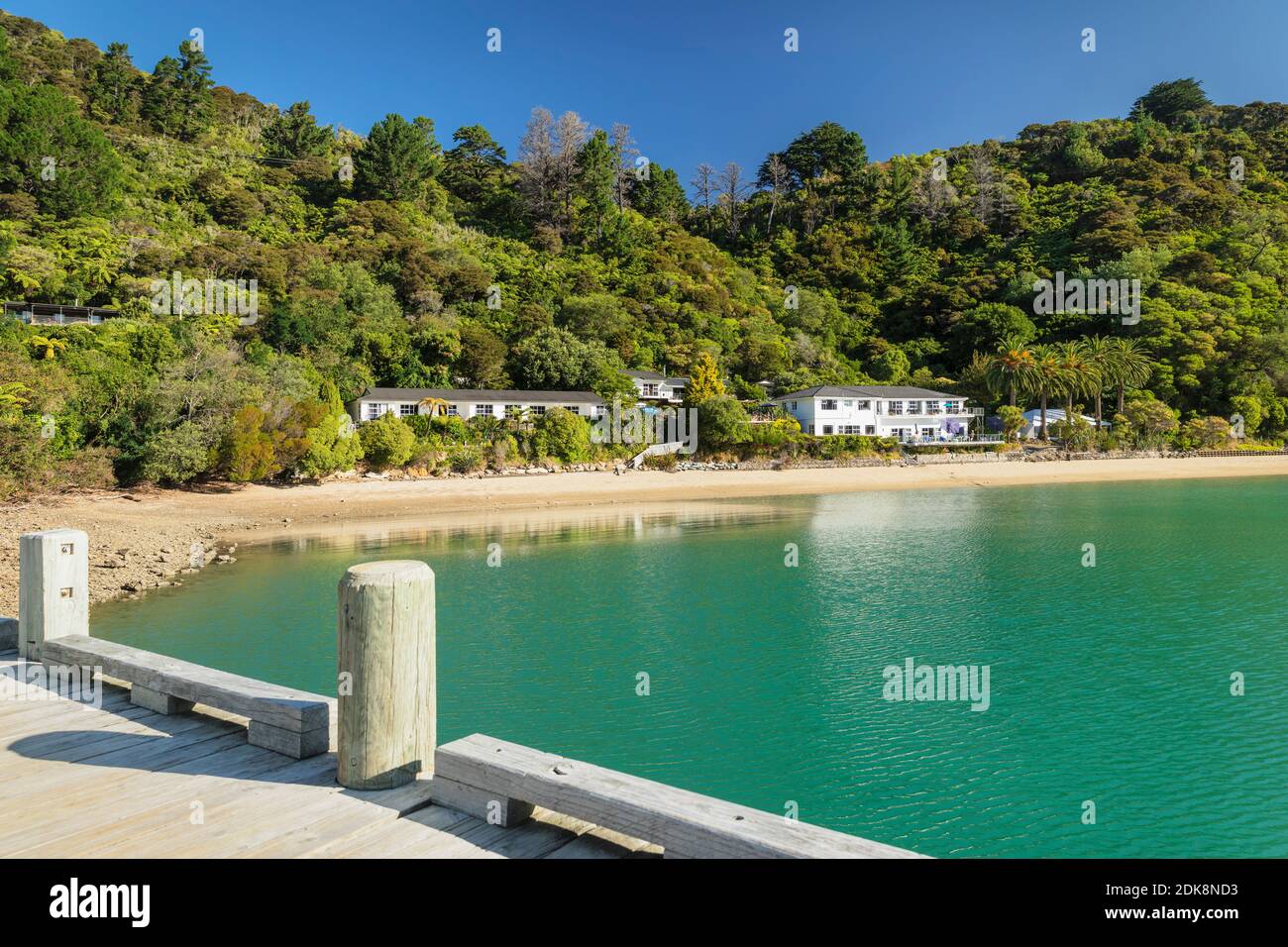 Te Mahia Bay Resort, Kenepuru Sound, Marlborough Sounds, Picton, South Island, Nuova Zelanda Foto Stock