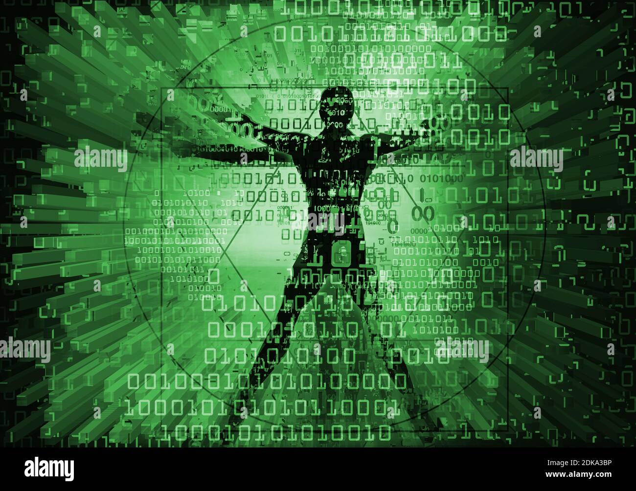 Uomo Vitruviano nel ciberspazio. Grunge futuristico stilizzato Illustrazione di uomo vitruviano verde con codici binari distrutti. Foto Stock