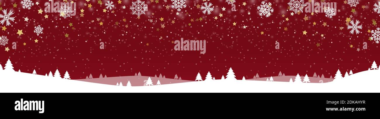 file vettoriale eps che mostra un'intestazione del panorama natalizio con caduta di neve e silhouette di alberi di foresta, sfondo colorato di rosso Illustrazione Vettoriale