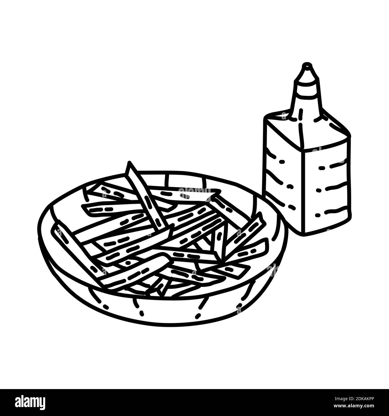 Patatine con l'icona dell'aceto. Doodle disegnata a mano o stile icona contorno Illustrazione Vettoriale