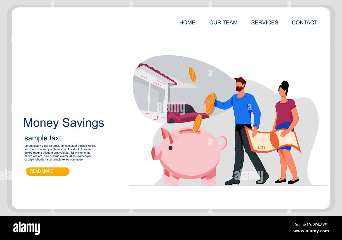 Risparmio di denaro e famiglia di pianificazione dello shopping sito web modello di interfaccia con la gente che mette monete in una rosa piggy banca. Banner Web per famiglia budget wa Illustrazione Vettoriale